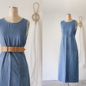 90's Long Midi Denim Chambray Market Jumper Dress with Pockets